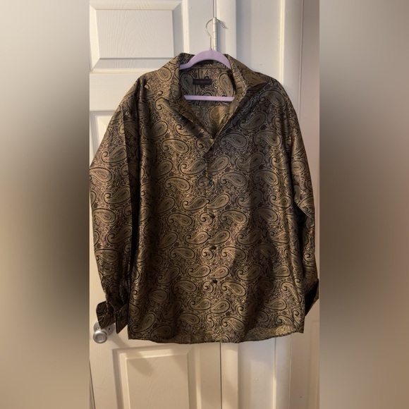 Leonardi Mens Dress Shirt Brown Paisley Shiny - Picture 1 of 7